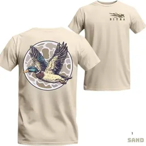 Sitka Flying Mallard Duck Graphic Tee, Fashion Cotton Crewneck T-shirt, Casual Streetwear Menswear Top with Circular Camo Design, USA-Made & Printed Apparel
