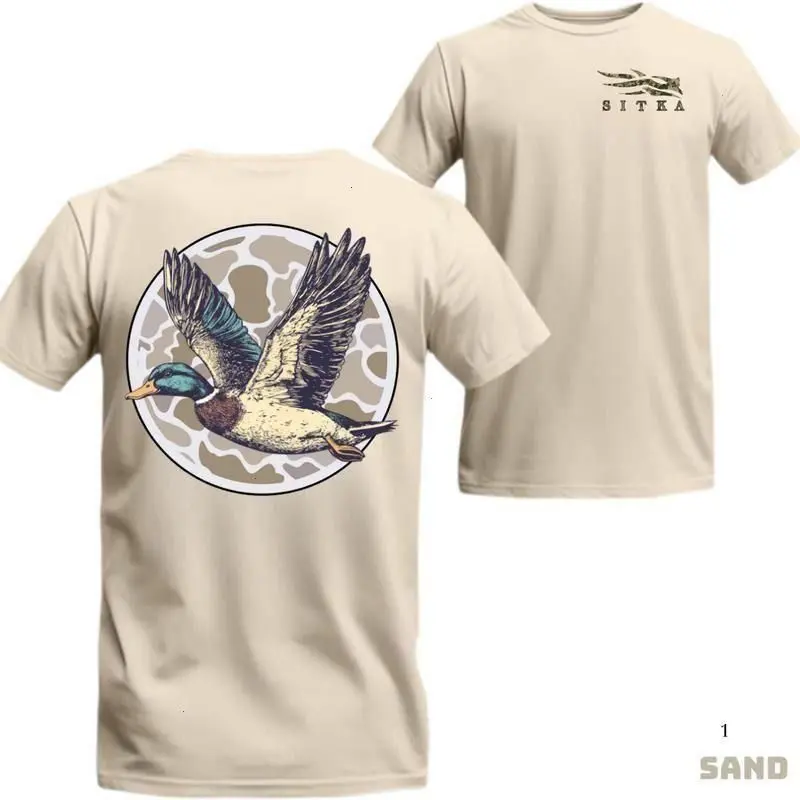 Sitka Flying Mallard Duck Graphic Tee, Fashion Cotton Crewneck T-shirt, Casual Streetwear Menswear Top with Circular Camo Design, USA-Made & Printed Apparel