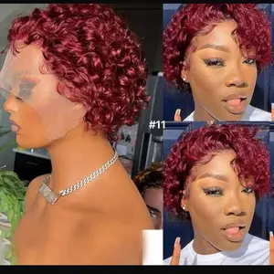 red short curly wig pixie cut lace front wig 6 inch Humain hair 13*4