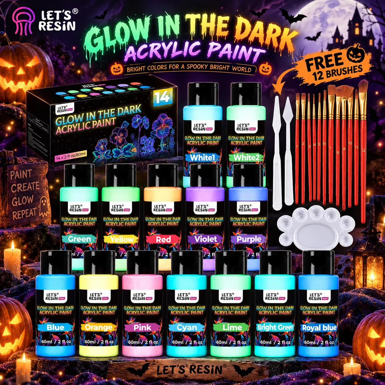 Halloween Glow in the Dark Acrylic Paint Set, 14 Colors, 60ml Each, UV Reactive Blacklight Paint with 12 Brushes, 2 Knives & Palette for Pumpkin Painting, Haunted House Decor, Costume Props, Ceramic, Glass & Fabric - LET'S RESIN