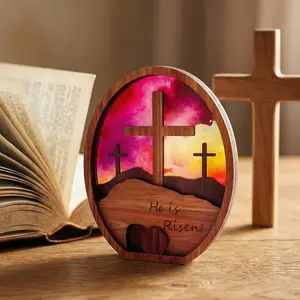 3D Wooden Easter Scene Decor Acrylic Photo Plaque Sign with Multilayer Design, Perfect for Party Decoration, Gradient Sunset Shadow Effect, Ideal Gift for Believers, Home Decor Products, Indoor Home Decoration
