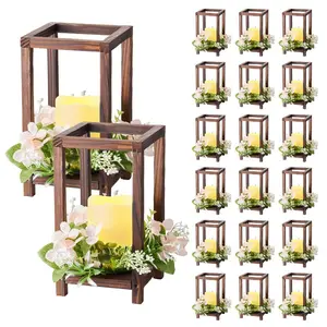 fathersdaygift VEVOR 20 Set/60 Pcs Wooden Wedding Lantern Centerpiece, Includes 20 Wooden Lantern Candle Holder 20 Flameless LED Candle 20 Champagne Flower Wreath for Wedding Table Party Farmhouse Decor, Brown