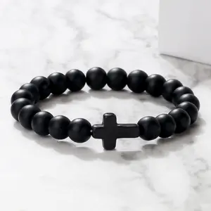 US-FASHION - Charm Natural Stone Bracelet Cross Black Lava Matte Beaded Bracelets Handmade Men Women Prayer Fitness Chain Couple Jewelry Gift