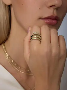 Waterproof Open Wrap Ring for Women – 14K Gold Plated Snake Band with Cubic Zirconia, Double Open Wrap-Around Ring, Stainless Steel Trendy Summer Jewelry