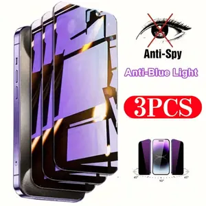 3pcs Anti Blue Light Privacy Protective Smartphone Screen Protector For iPhone 17 Pro Max/17 Air/17/16 Pro Max/16/16e/15 Pro/15/14/13/12/11/Plus/Mini/X/XR/XS Max,9H+ Hardness,Eye Protection Tempered Glass Film,Anti-scratch,Full Coverage,Anti-Peeping Glass