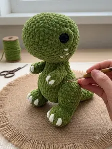 Cute Crochet Dinosaur Plushie, Handmade Amigurumi T-Rex Stuffed Toy, Soft Chunky Chenille Yarn Green Dino Knitted Doll for Room Decor, Birthday Gift for Kids & Toddlers