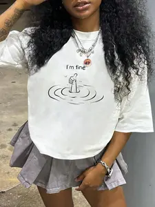 I'm Fine Graphic Print T-Shirt with Water Gesture Design, Casual Relaxed Fit Short Sleeve Tee for Home and Daily Wear, Comfortable Cotton Fabric Must-Have