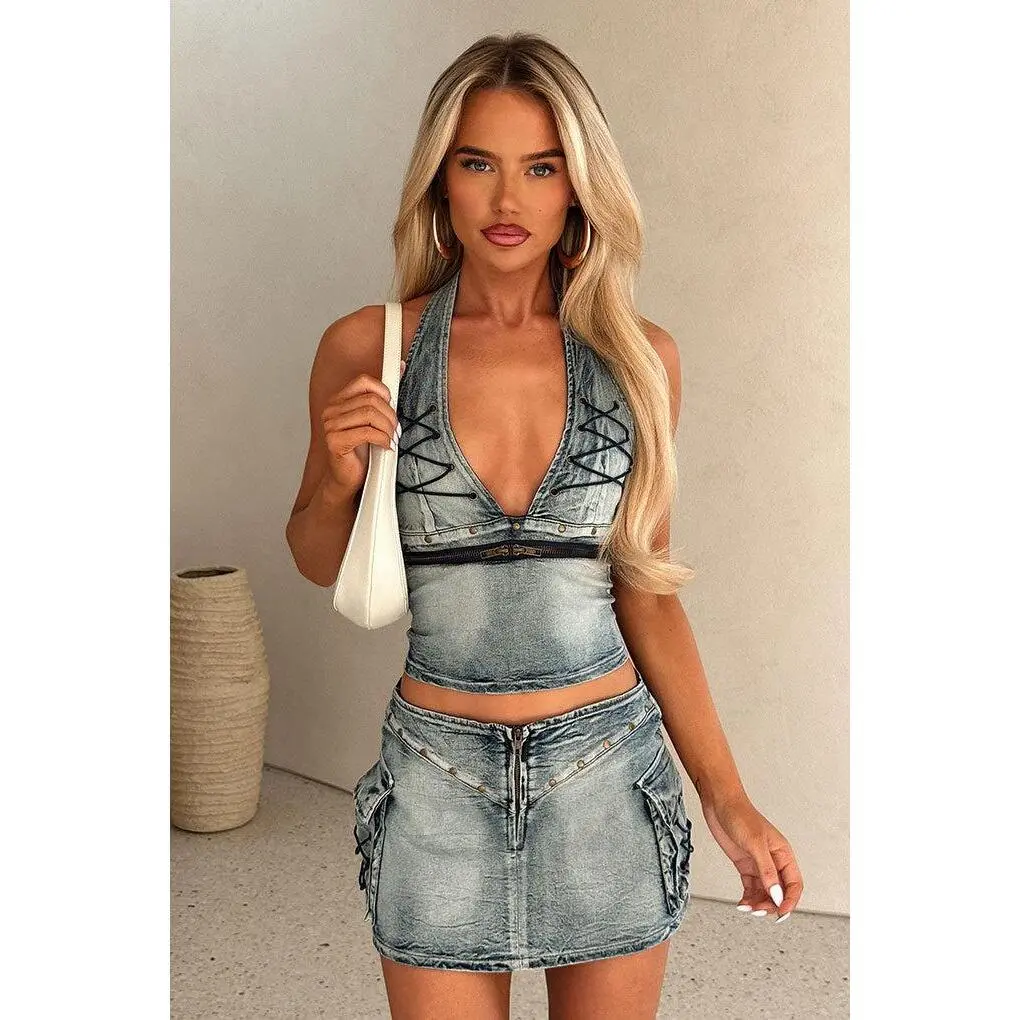 Thats So Fetch Wanted Low Rise Festival Denim Mini Skirt with Lace Up Pockets in Washed Blue, Pairs with Top, Matching, Bottom, Women's Clothes