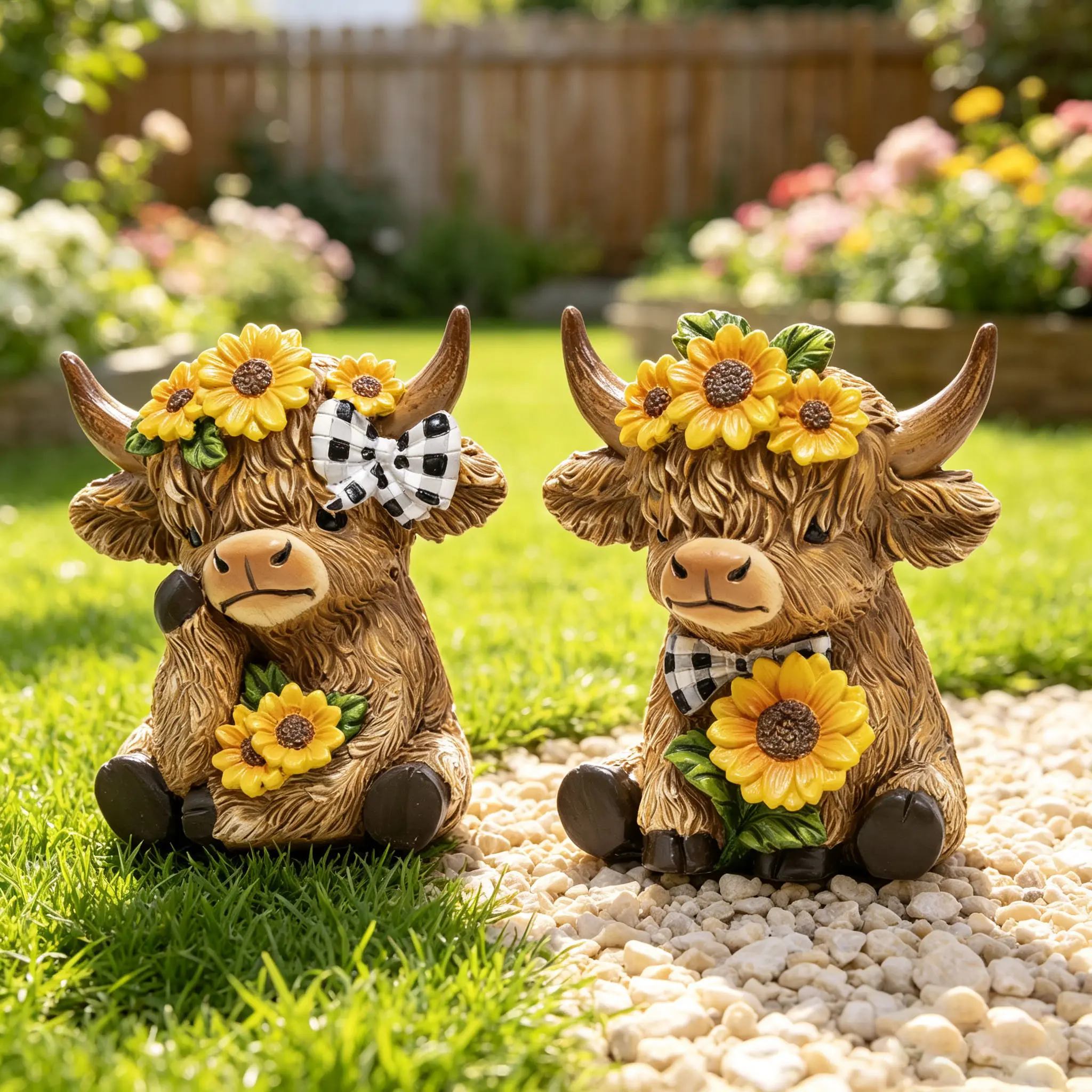 2Pcs Sunflower Highland Cow Resin Figurine Set, Hand Painted Farmhouse Decor Statue, Tiered Tray Ornament, Indoor Outdoor Tabletop Decoration, Gift for Cow Lovers