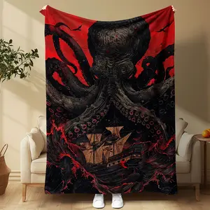 Ultra-Soft Octopus Print Flannel Blanket, Comfortable Bed & Sofa Throw, Ideal for Office & Air Conditioned Environments