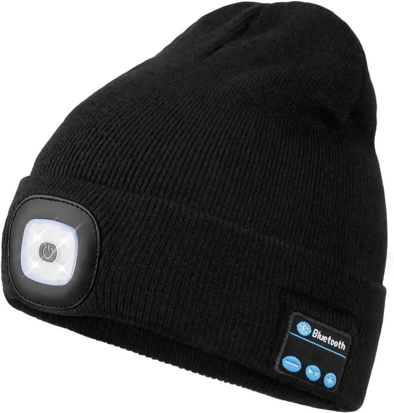 Bluetooth Beanie with a Light, Unisex USB Rechargeable 4 LED Fashlight Hat with Cordless Headphones, Unique Christmas Birthday Gifts for Men Him Husband Teen Black
