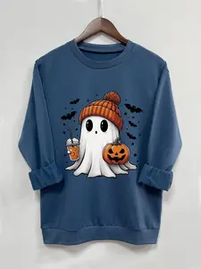 Women's Cartoon Ghost Print Crew Neck Sweatshirt, Casual Long Sleeve Pullover, Women's Top for Daily Wear, Halloween