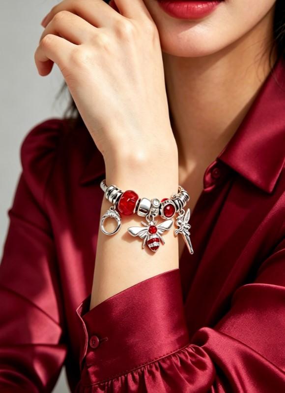 Adjustable Twist Wire Bangle Bracelet with Sparkling Red Crystal Bees and Fairy Charms, Silver Tone Open Cuff Bracelet Jewelry Gift for Women Adjustable Twist Wire Bangle Bracelet with Sparkling Red Crystal Bees and Fairy Charms, Silver Tone Open Cuff Bracelet Jewelry Gift for Women