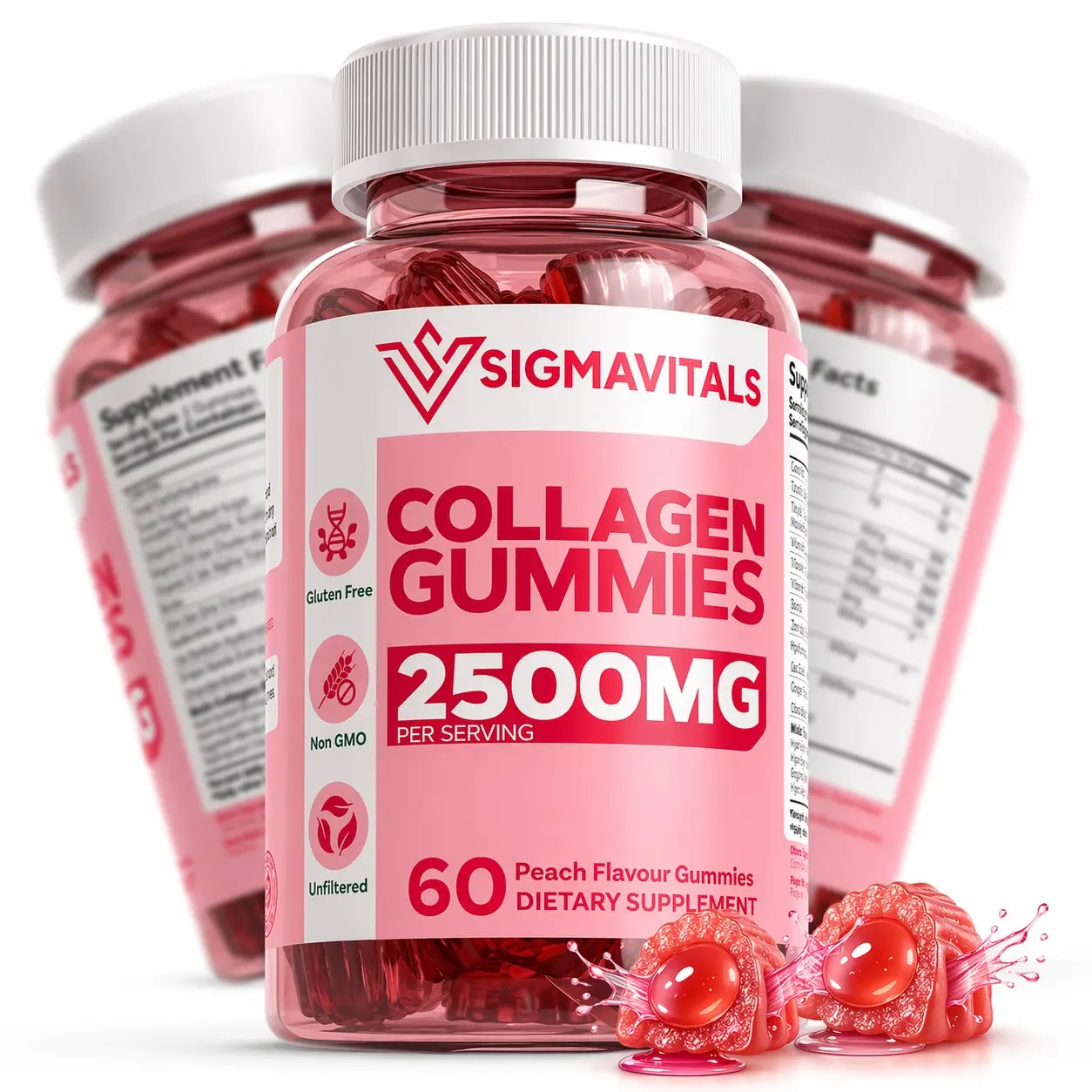 SigmaVitals Chewable Multi Collagen Gummies, 2500mg with Biotin, Hyaluronic Acid, Vitamin C, Zinc for Skin Care, Hair & Nails, Peach Flavor, 60 Count