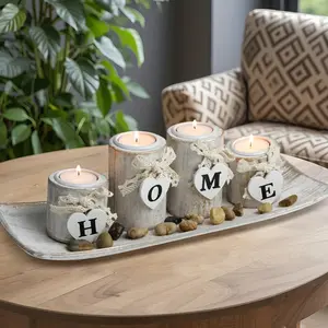 6 piece set Vintage Style Home Candle Holder Set, Heart-Shaped Wooden Coasters, Tea Light Candles Stand, Wood Base Decorative Accessories, Interior Decoration Accessories
