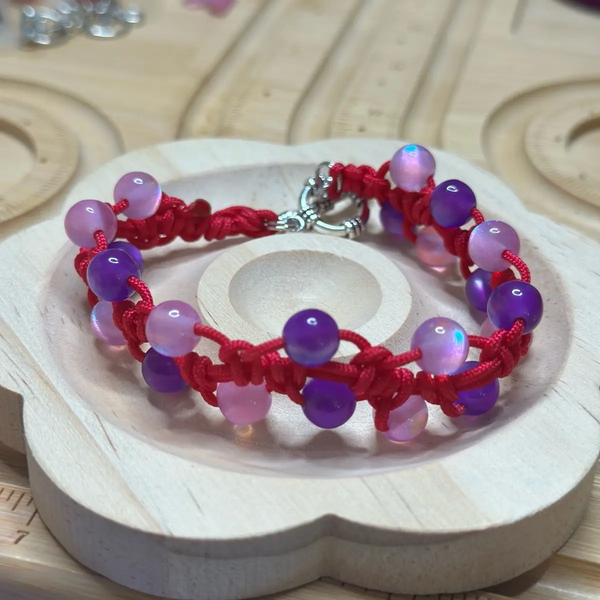 Purple and Pink Shiny Hot Pink Toggle clasp macrame bracelet 8”