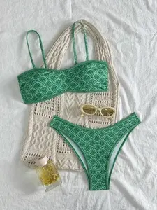 Two Pieces Of Women's Green Print Paired With Flat Chest Bikini, Detachable Shoulder Strap Suitable For Island Vacation Photography