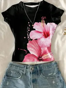 Vintage Hibiscus Print Fitted Short Sleeve T-Shirt, Casual Medium-Length Floral Pattern Top, Comfortable and Stylish Fashion Daily Wear