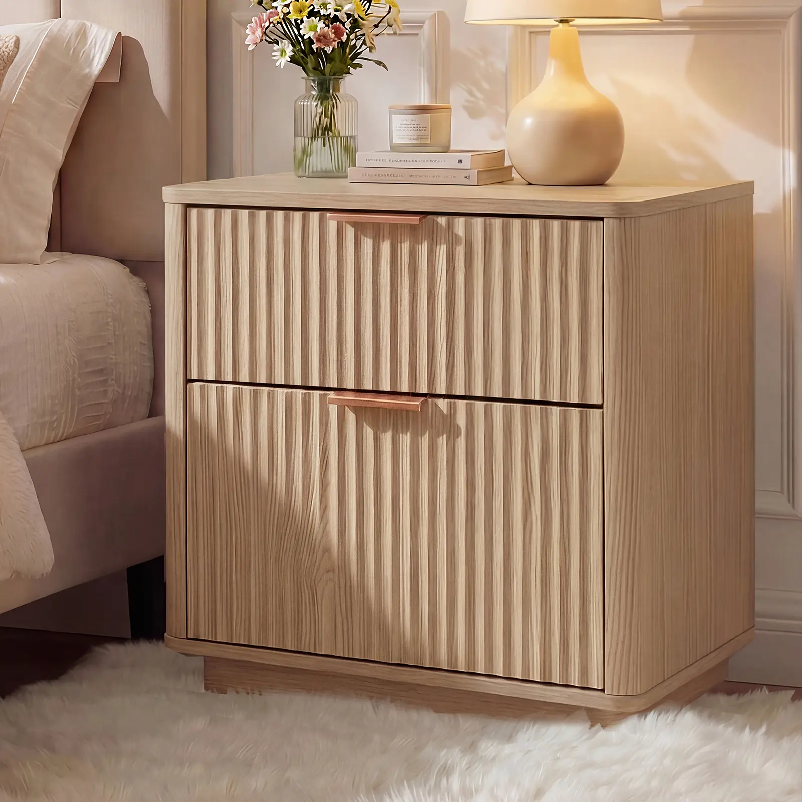 Fluted Nightstand with Charging Station, 23'' Mid Century Nightstand with 2 Drawers, Modern End Table for Bedroom Living Room, Curved Profile