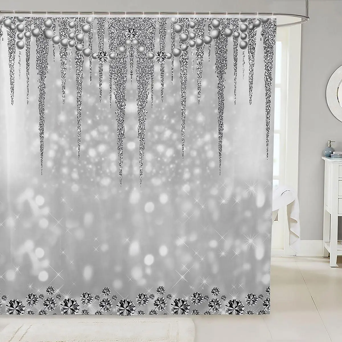 Feelyou Patterned Curtains - Glamour Grey Glitter Diamond Pearls Silver Print Waterproof Washable Shower Curtain, 72" W x 72" H with 12 C-Hooks, for Girls' Rooms, Gym, Dorm Room Fun, Bathtub Fit