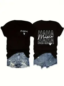 Women's Two-Sided "MAMA MAMA" Letter Print T-Shirt - 100% Cotton Relaxed Fit Casual Short Sleeve Round Neck Top for Spring & Summer, Mama T Shirt, Casual Attire, Trendy Graphic Tee, Machine Washable Tee