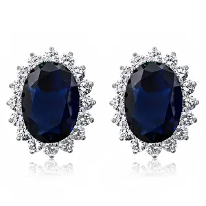 15.00 Cttw Blue Simulated Sapphire or Green Simulated Emerald or Red Created Ruby Halo Earrings For Women In 925 Sterling Silver | Oval 14X10MM