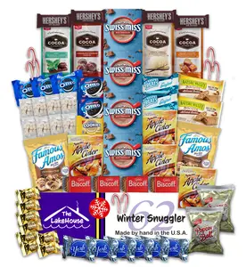 The LakeHouse Holiday Hot Chocolate Gift Sets - 62 Piece Care Package of Hot Cocoa, Apple Cider, Candy Canes, Mini Marshmallows, Popcorn Balls, Cookies, Candy, and Snacks. - Christmas Gift Set