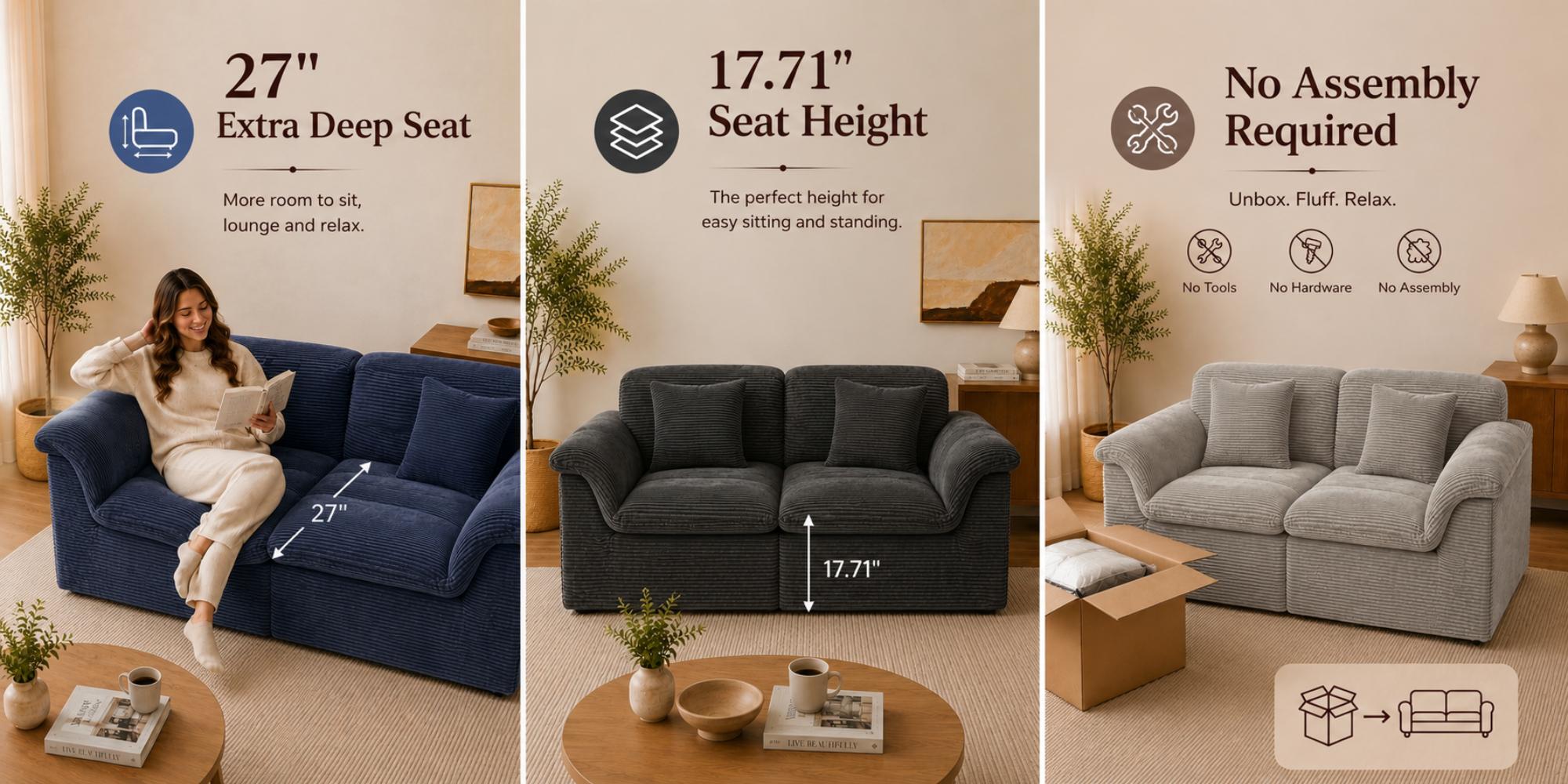 SUNG7 81-88in Boneless Loveseat Sofa with Ottoman - Corduroy Comfy Couch, 27in Extra Deep Seat, Lumbar Support, No Assembly Needed, Convertible Modular Couches Option, Ideal for Living Room Watch Parties