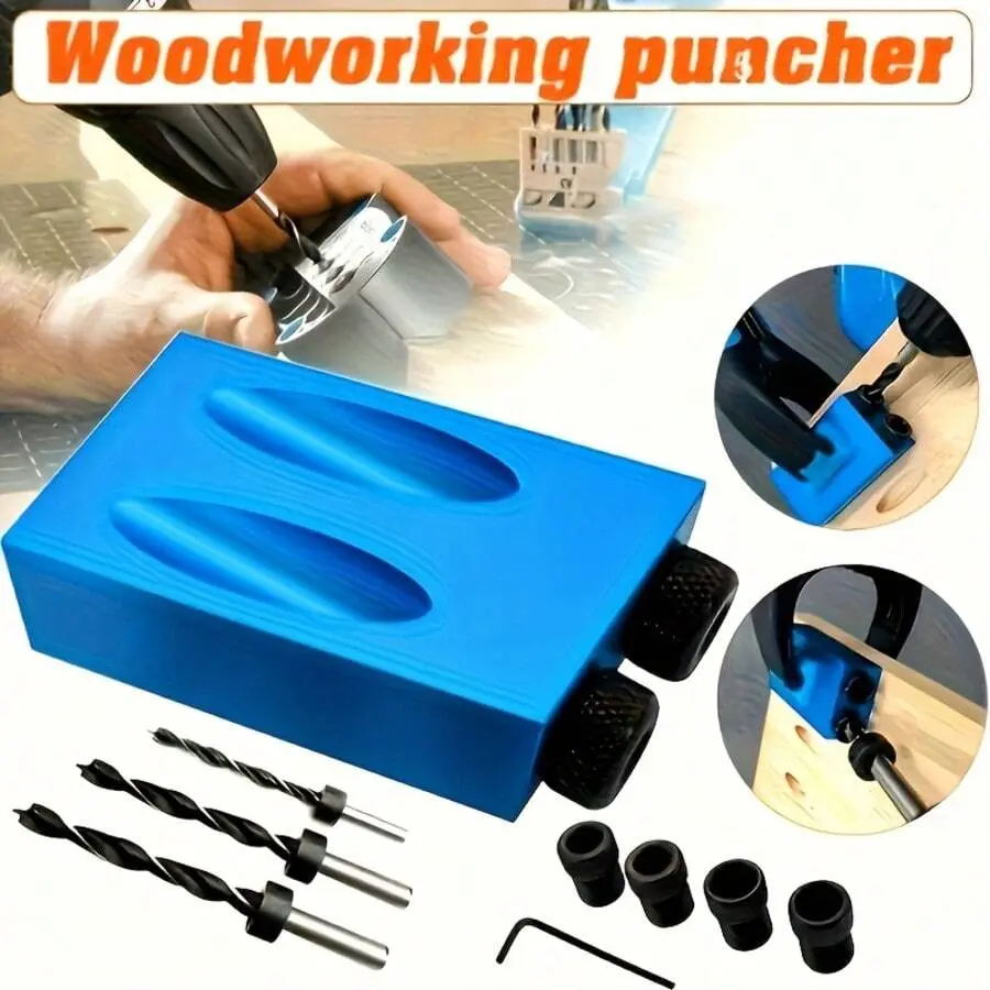 15-Piece Blue Woodworking Hand Tools Set - Alloy Metal Punch, Corner Hole Positioner, Wood Joinery Installer, Triangle Drill, Aluminum Drill Bit, Mold Clamping Kit - Home & Party Bag Gift Supplies, Gifting, Plastic