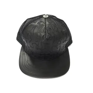 Chrome Hearts Cemetary Cross Leather Stitched Trucker Hat Black