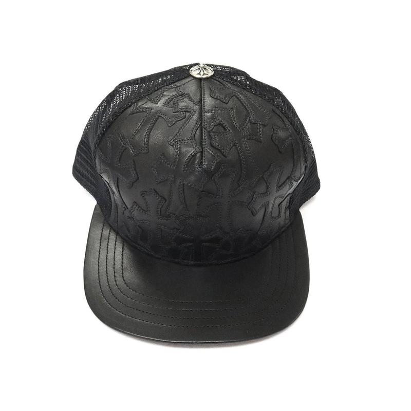 Chrome Hearts Cemetary Cross Leather Stitched Trucker Hat Black