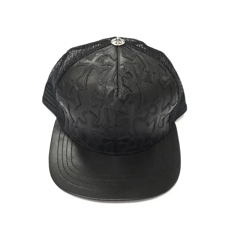 Chrome Hearts Cemetary Cross Leather Stitched Trucker Hat Black