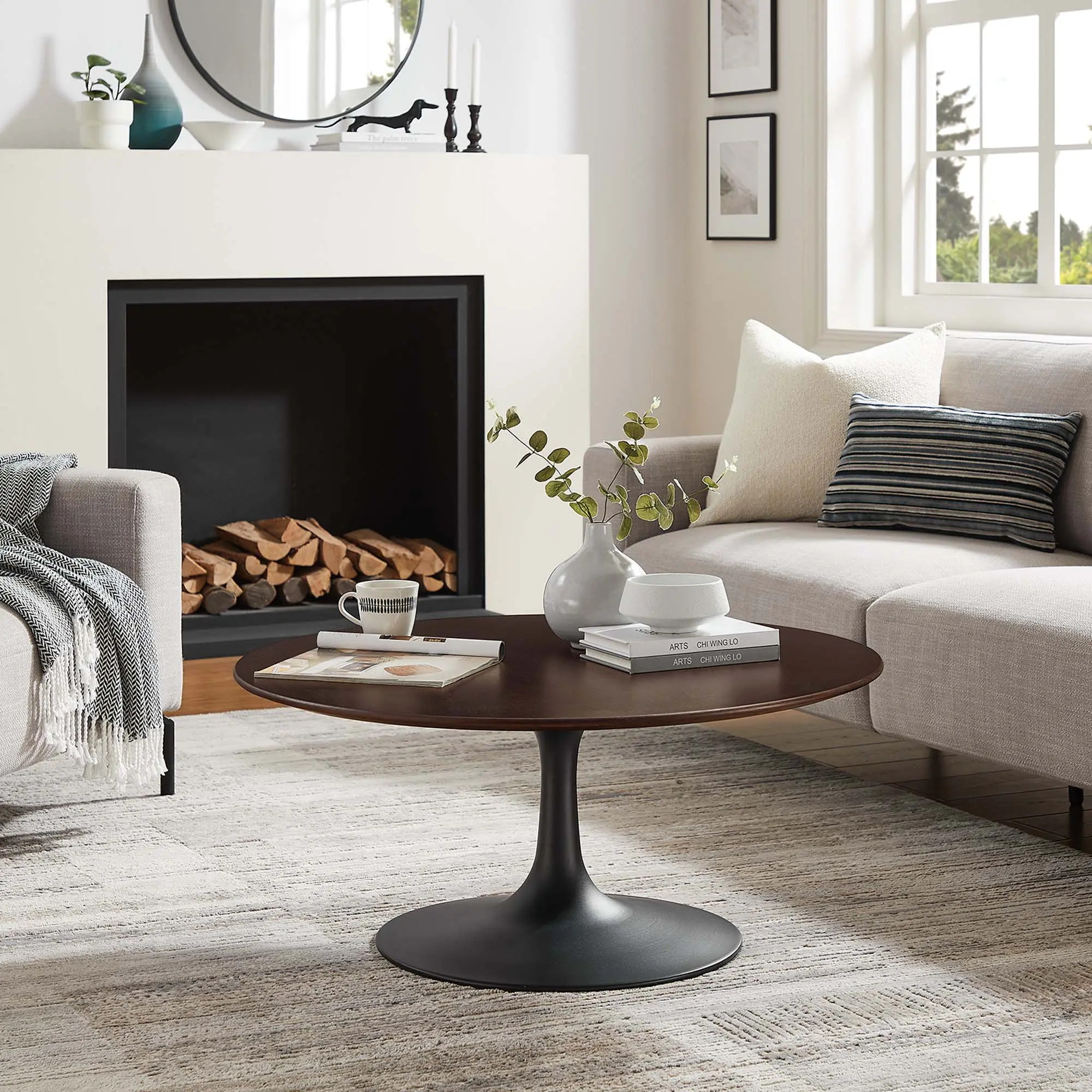 Modway Lippa 36" Round Midcentury Modern Pedestal Coffee Table, Black Cherry Walnut Wood Grain, Ideal for Hosting & Entertaining