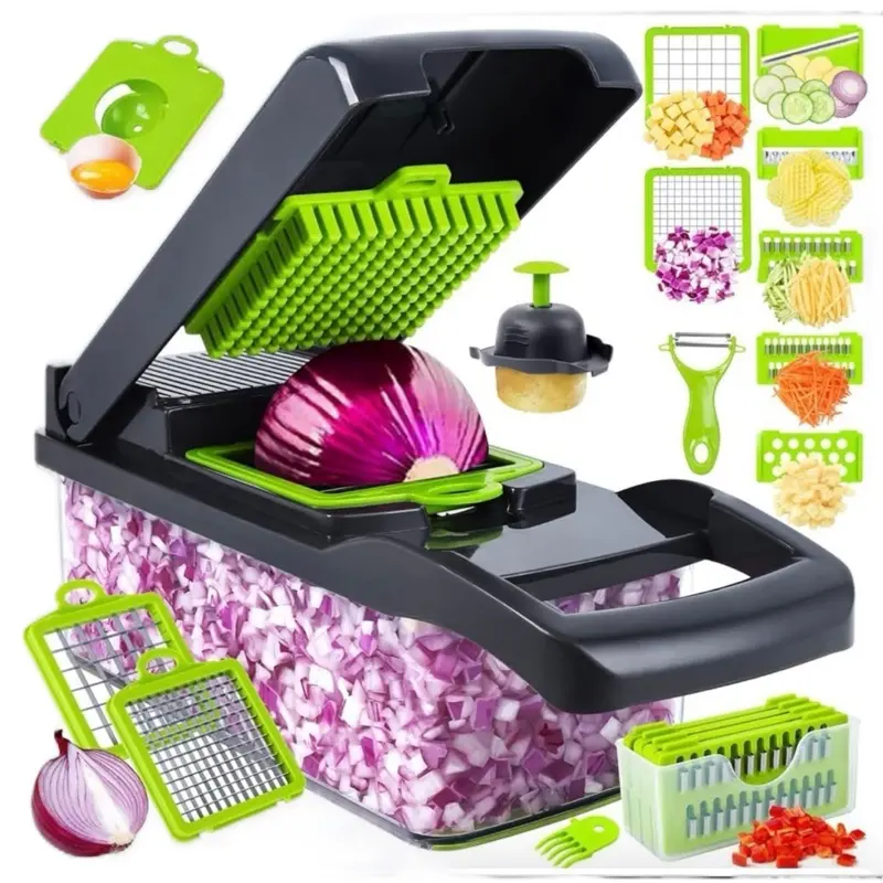 Vegetable Chopper, Pro Onion Chopper, 16 in 1Multifunctional Food Chopper Kitchen Vegetable  Slicer  Dicer Cutter Veggie Chopper With 8 Blades,Carrot and Garlic Chopper With Container   New