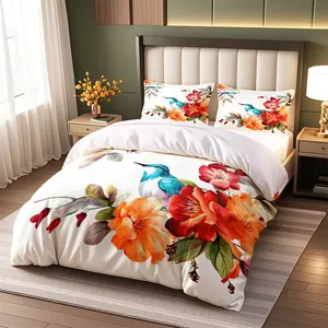 Spring Atmosphere Bedding Set, Floral Bird Print Decorative Duvet Cover, Soft Polyester Material, Includes 1 Duvet Cover and 2 Pillowcases, Bedroom Decor