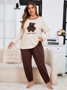 Plus Size Women's Knit Pajama Set, Bear Embroidery Bowknot Design, Casual Loose Fit Long Sleeve Sleepwear for Fall Winter