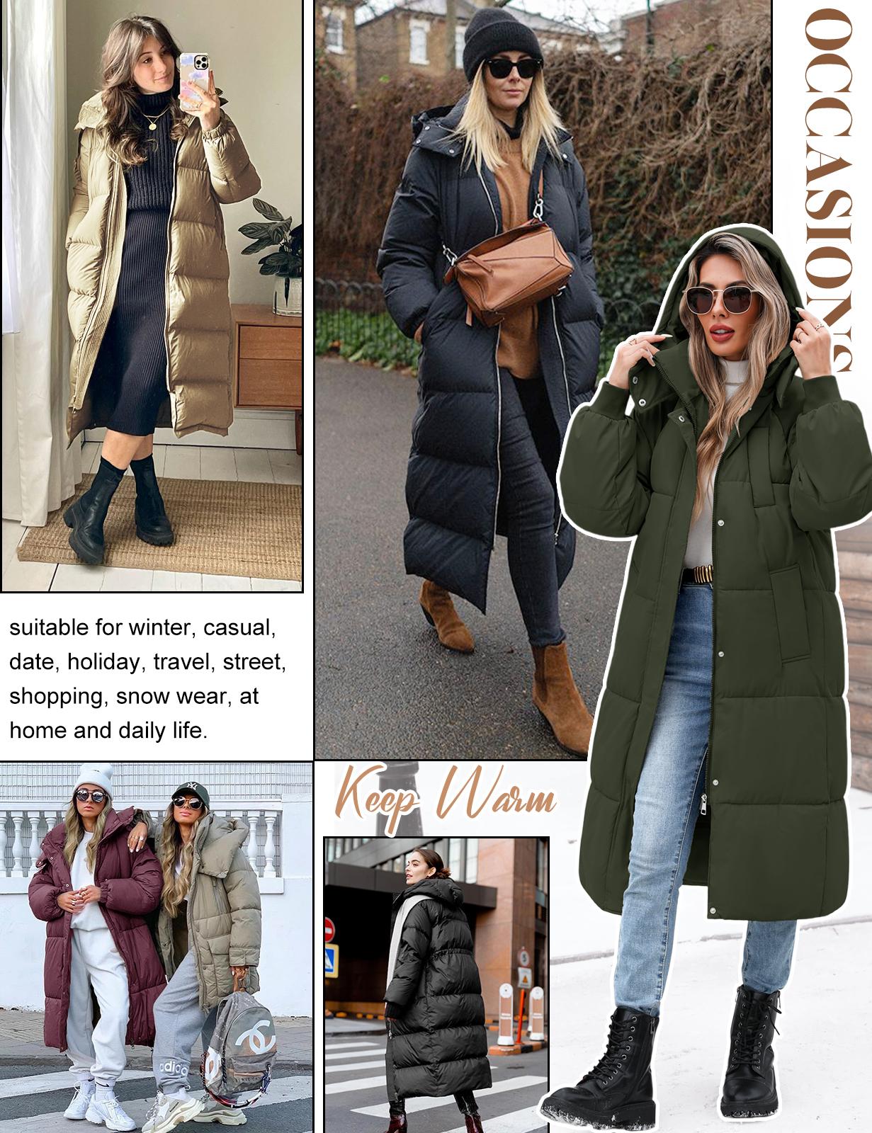 FASHORA Women's Long Quilted Winter Outerwear Parka - Water-Oil-Stain Resistant, Thick Warm Hooded Zip-Up Front Puffer with Quilted Panels & Pockets for Outdoor Activities