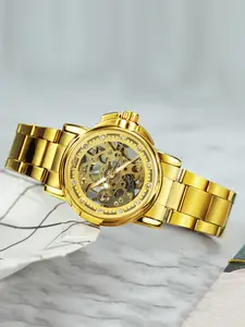 1pc Luxury Gold Skeleton Automatic Mechanical Watch for Women Luminous Hands Stainless Steel Strap Fashion Business Ladies Watches Elegant Wristwatches Fashionable Analog Watch