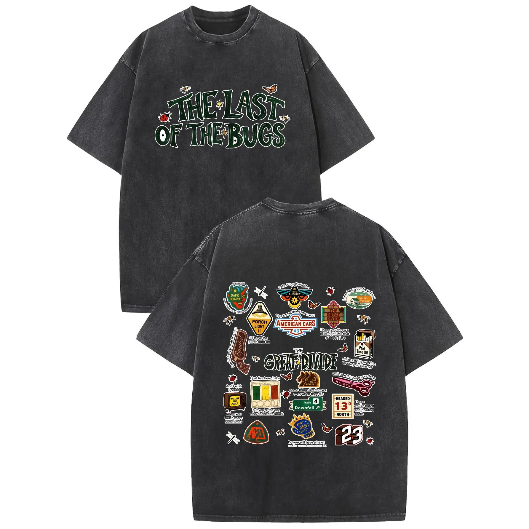 Vintage Washed Unisex T-shirt For Men Women, The Last Of The Bugs Front Logo Retro Travel Sticker Back Print Crew Neck Short Sleeve Tee, Simple Casual Fashion Loose Fit Graphic T-shirt For Outdoor Daily Street Matching