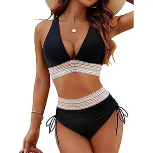 European American Style High Cut Bikini Top & Bottom Deep V Neck Split Swimsuit Sexy Slimming Bathing Suit