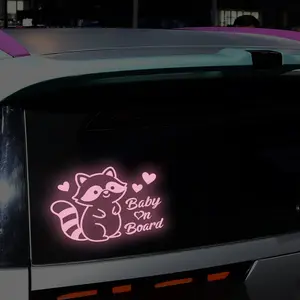 High-Intensity Reflective Baby on Board Car Sticker, Cute Raccoon Pattern Safety Reminder Decal , Night Visibility Car Window Bumper Sticker, Cartoon Animal Car Sticker, Automotive Decals