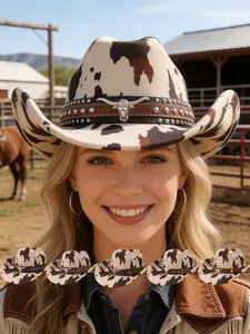 1PCS Unisex Party Hat, Cow Print Design, Boho Style Cowboy Hat, Ideal for Weddings, Music Festivals, Outdoor Events, Perfect for Parties