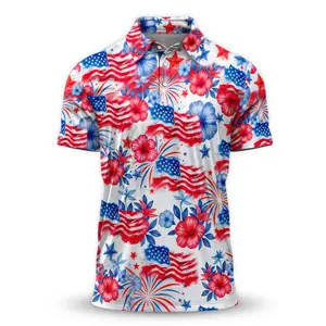 Patriotic Floral USA Flag Pattern Golf Polo Shirt Short Sleeve Outdoors Menswear