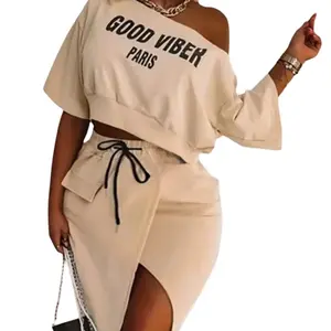 Women’s 2-Piece Set – One-Shoulder Letter Print Crop Top & High Split Skirt