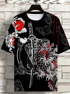 Japanese Samurai Print Quick-Dry Short Sleeve T-Shirt, Breathable Lightweight Elastic Comfort, Fashion Sport Casual Must-Have