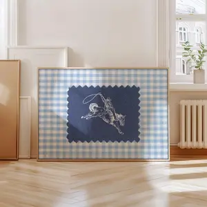 Unframed, Room Decor, Vintage Striped Cowboy Rodeo Print, Baby Blue Gingham Plaid Poster 5 size, 8x12 to 27x40 inch
