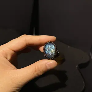 Labradorite Skull Carved Copper Wire-Wrapped Ring，Handmade Ring