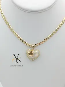 Yordy 14K Gold Plated Cuban Style Chain with Heart Charm for Women - Dainty Necklace Jewelry Gift 18 Inches Length
