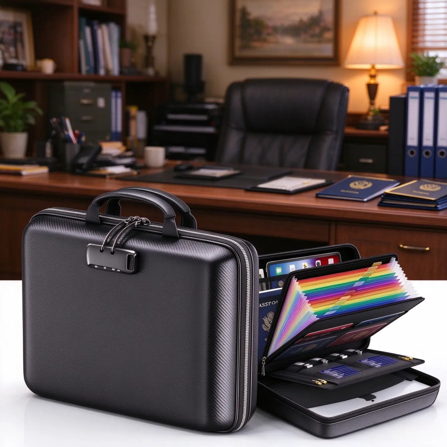 Fireproof Lockable Document Box, Hard Shell Portable File Safe, 13-Pocket Accordion File Folder with Laptop Slot, Multi Compartment Document Organizer for Business Home Office, Black