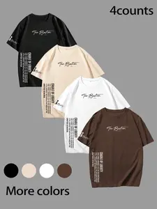 4 Counts Multi-Color Essential Tee Set - Minimalist Boston Letter Print Short Sleeve Drop Shoulder T-Shirt, Breathable Summer Basic for Street Fashion Enthusiasts